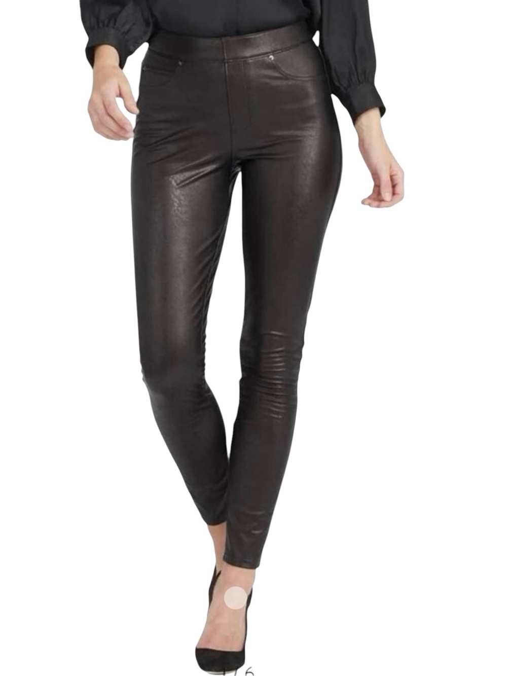 SPANX Texture Faux Leather Black Ankle Skinny Pants Small Petite